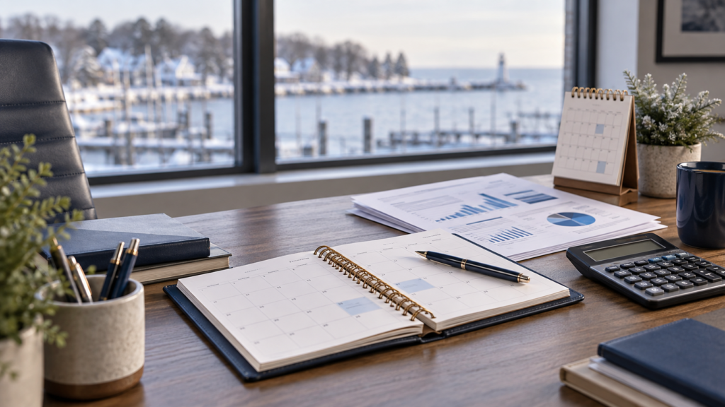 Year-end tax planning workspace for a Port Washington small business