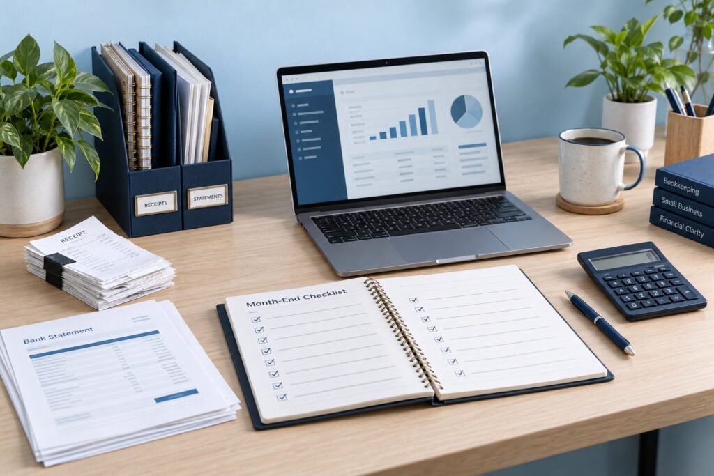 Illustrative month-end bookkeeping workspace with a checklist, receipts, bank statements and laptop.