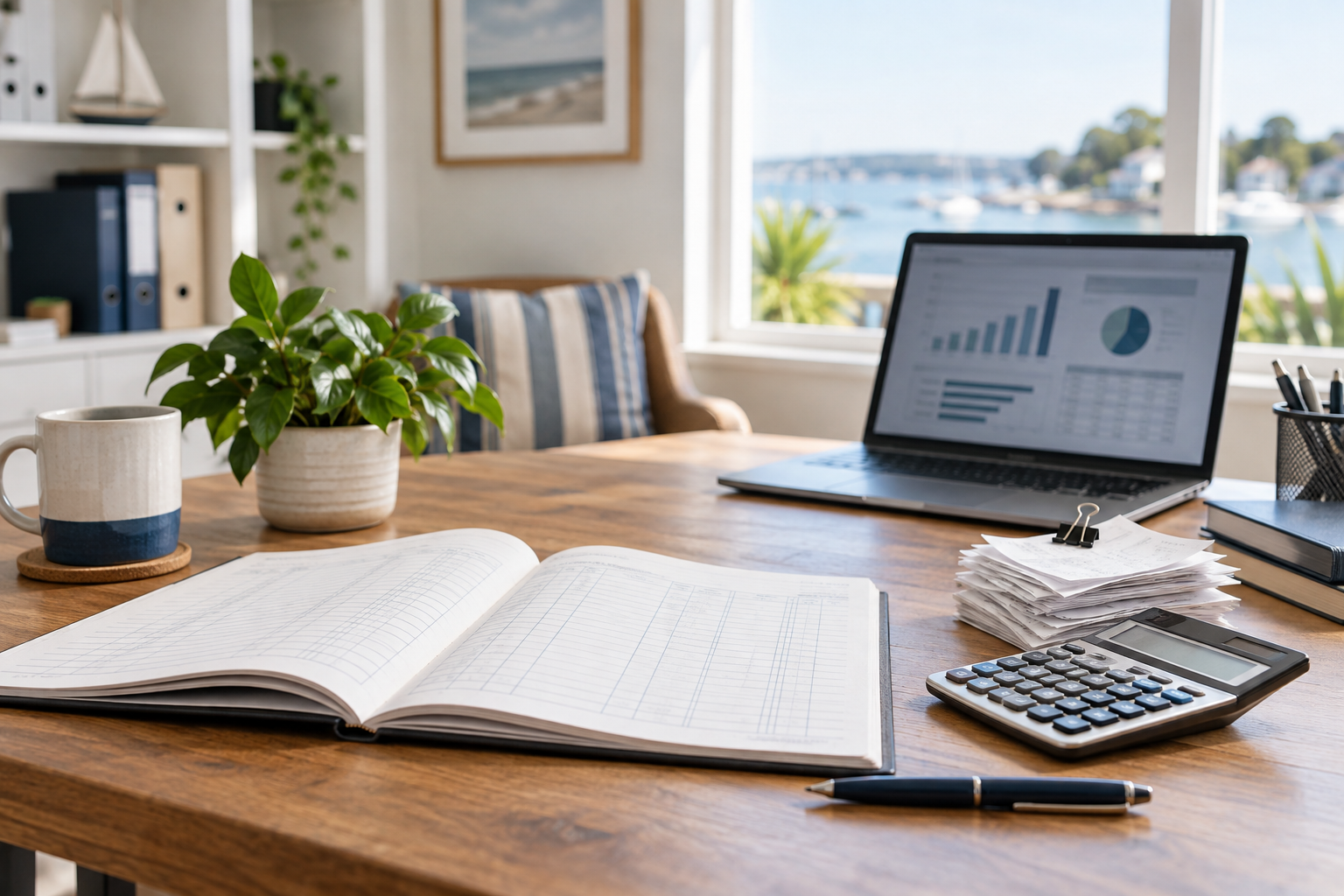 Organized bookkeeping workspace for a Port Washington small business