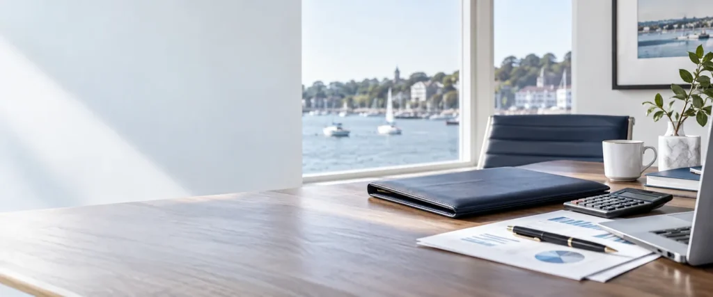 Illustrative accounting workspace with reports, a calculator and a waterfront view.
